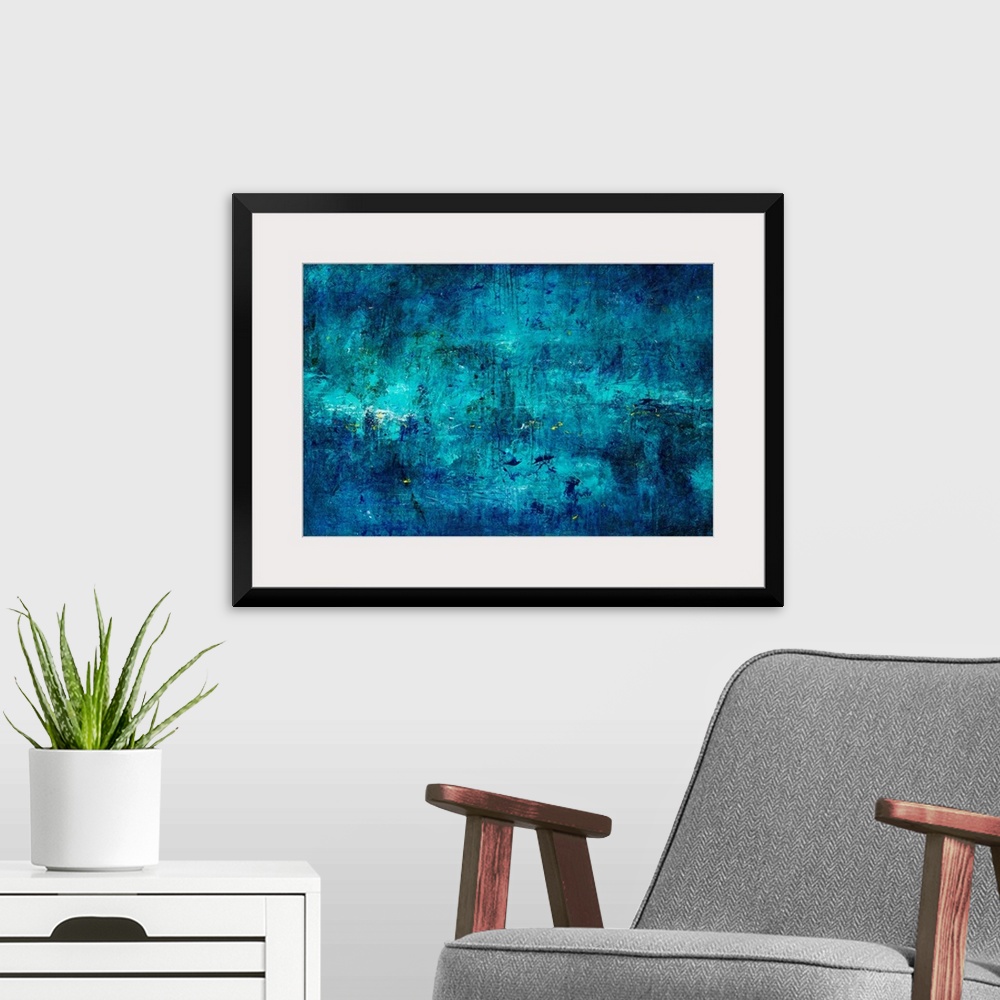 A modern room featuring Cool toned abstract painting of deep colors on a grungy background.