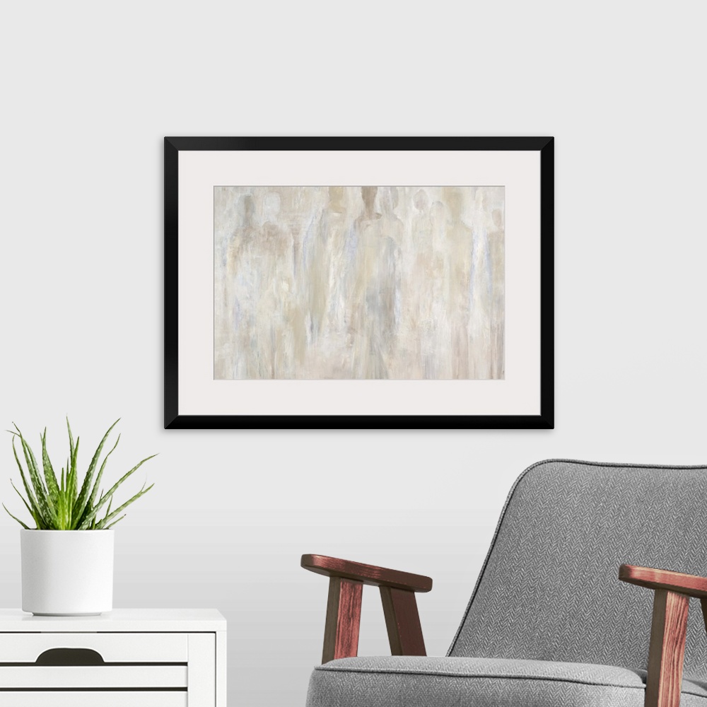 A modern room featuring Abstract painting of many human silhouettes that almost fade into the background of light, neutra...