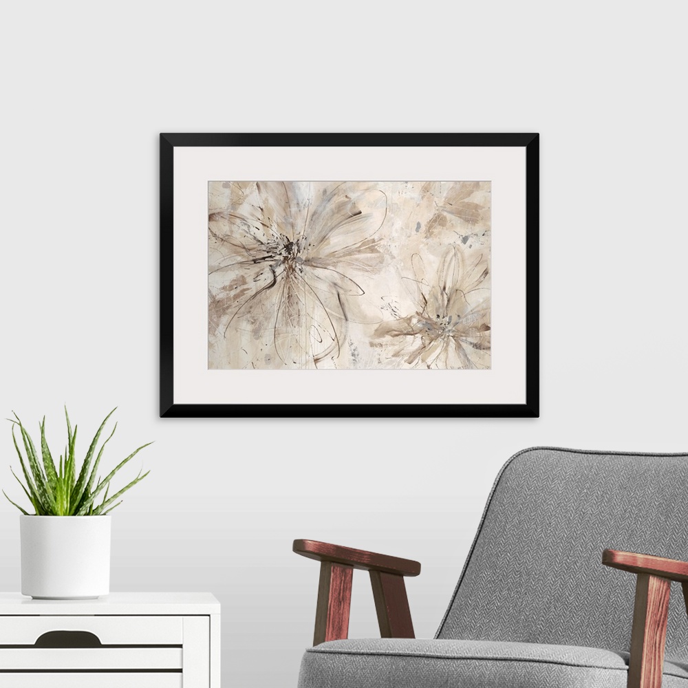 A modern room featuring Abstract painting of several floral shapes created with thinly painted lines and subtle sweeping ...