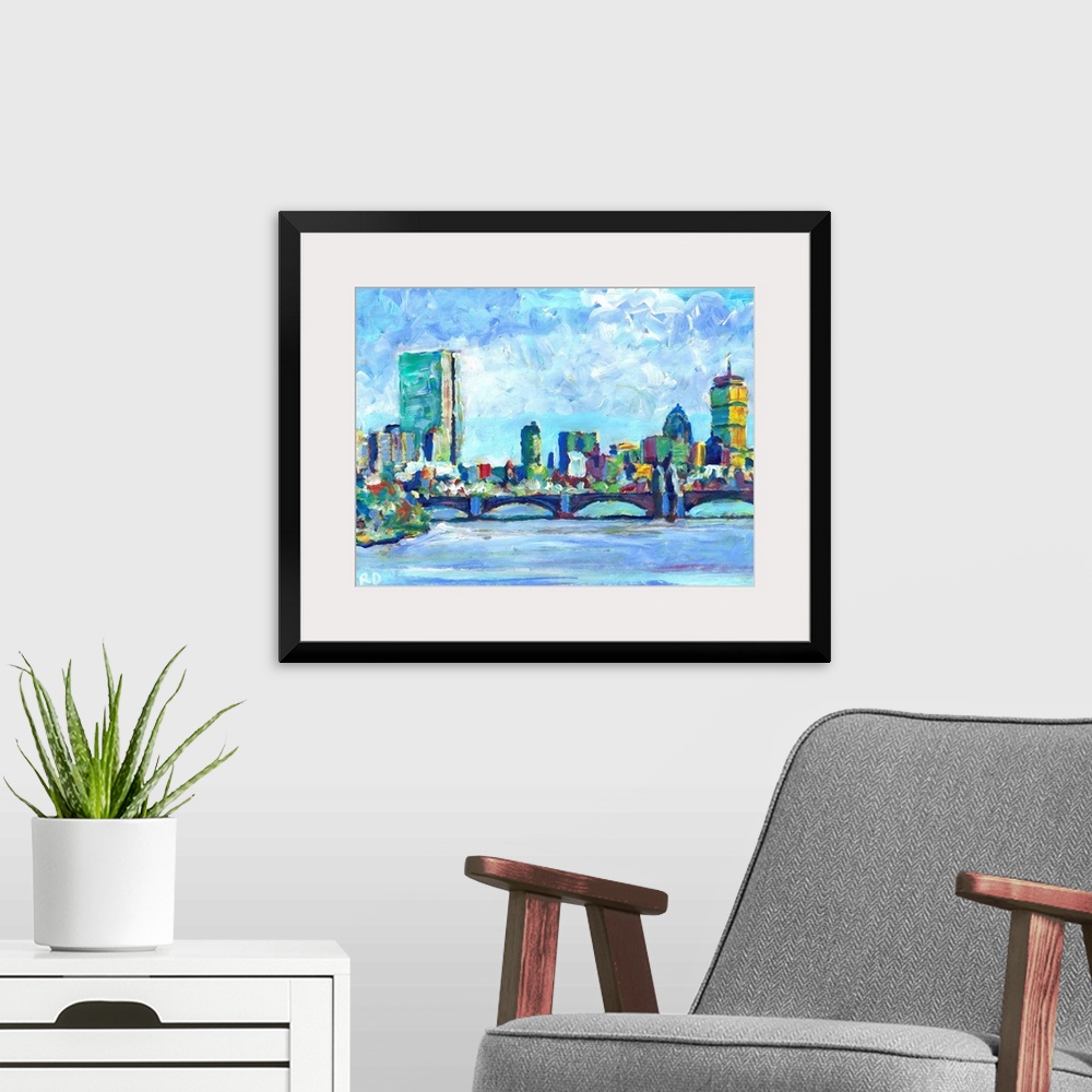 A modern room featuring Boston Massachusetts Charles River - Back Bay painting by RD Riccoboni of New England's largest c...