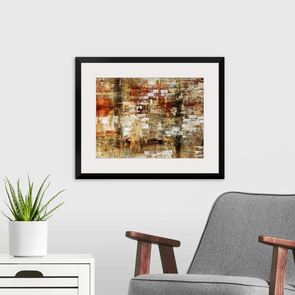 A modern room featuring Grungy abstract painting of various earth toned colors on canvas.