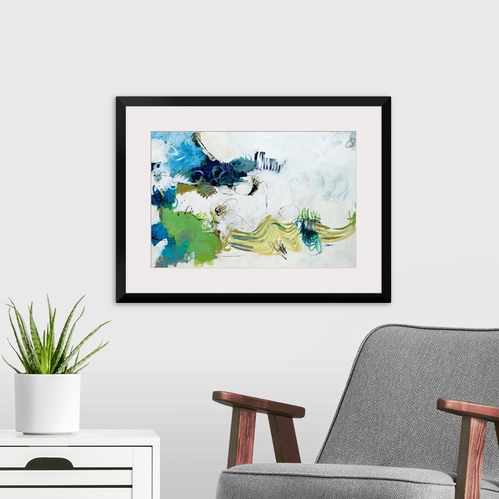 A modern room featuring This is a horizontal abstract painting using a squiggly brush strokes and cloud like shapes to fi...
