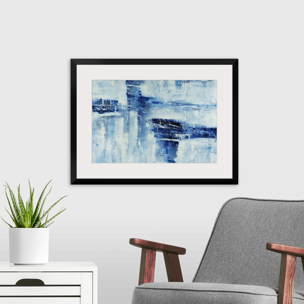 A modern room featuring Contemporary abstract art of cool tones cut out and faded over top of a neutral background.