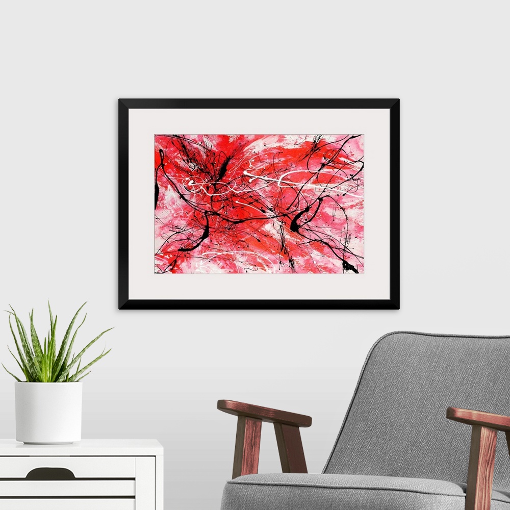 A modern room featuring Energetic contemporary painting of energetic red brushstrokes and sporadic black and white lines ...