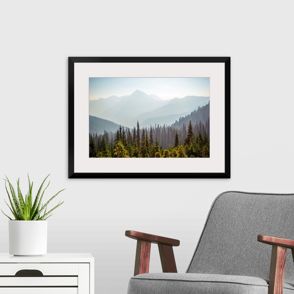 A modern room featuring View of Hurricane Ridge with Mount Angeles in the background, Olympic National Park, Washington.