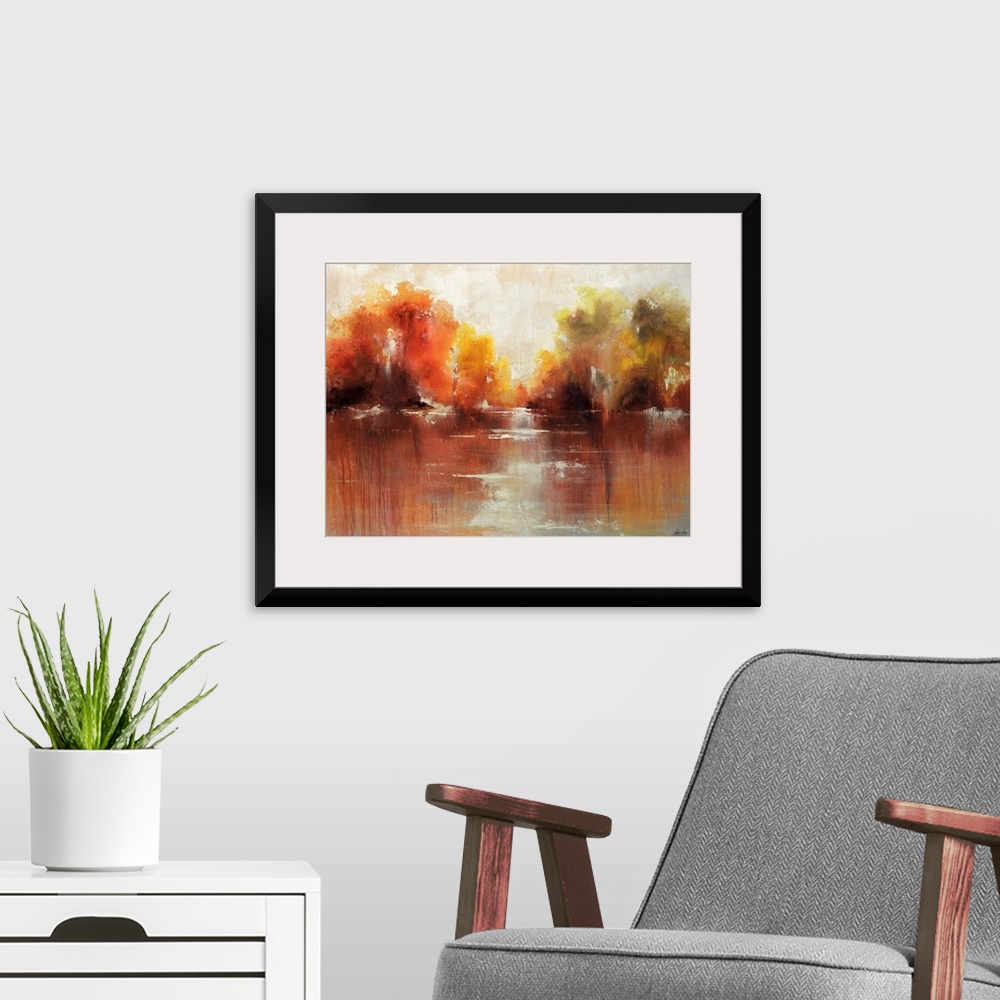 A modern room featuring Contemporary, decorative wall art of an abstract painting that is reminiscent of autumn shrubs re...