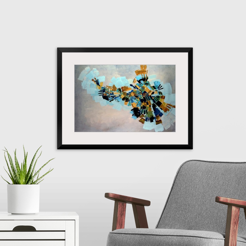 A modern room featuring Fan like shapes radiate outward in this abstract painting on a horizontal wall hanging for the of...