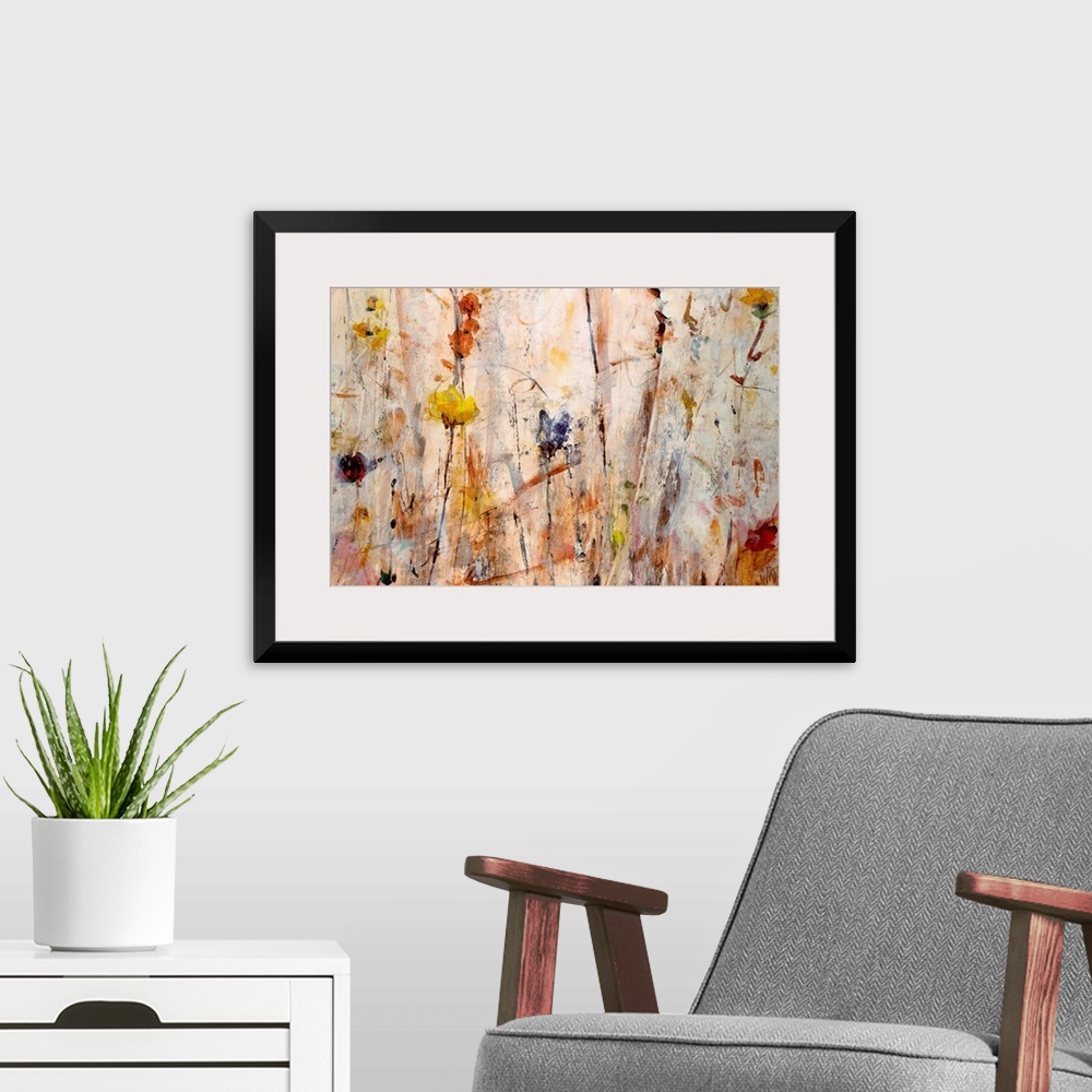 A modern room featuring Giant abstract painting of flowers that is composed of inviting tones and lots of vertical lines.