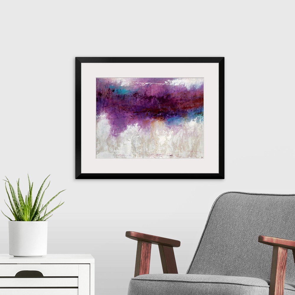 A modern room featuring Abstract artwork consisting of a bright purple mass over a cool, neutral background.