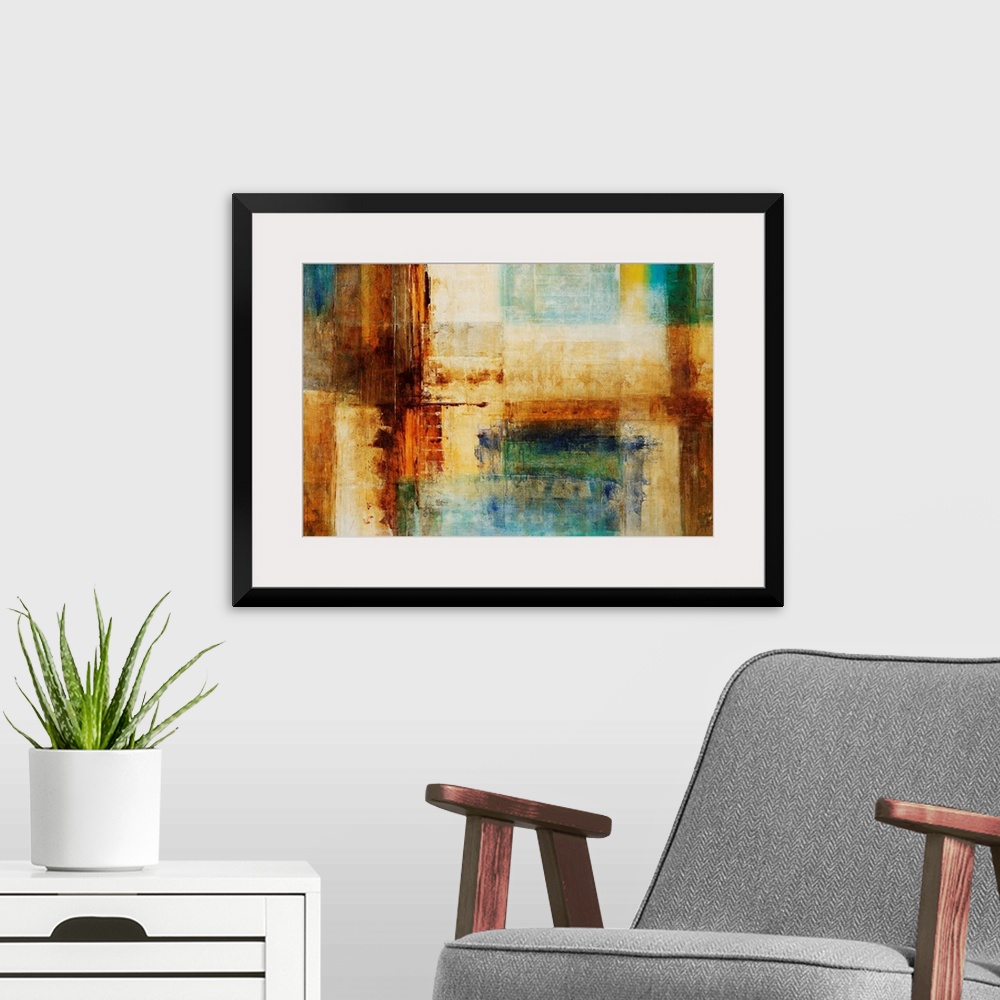 A modern room featuring Abstract artwork that consists of blocks of color in different sizes running both horizontally an...