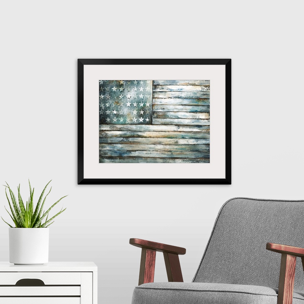A modern room featuring Contemporary painting of a wooden and weathered looking American flag.