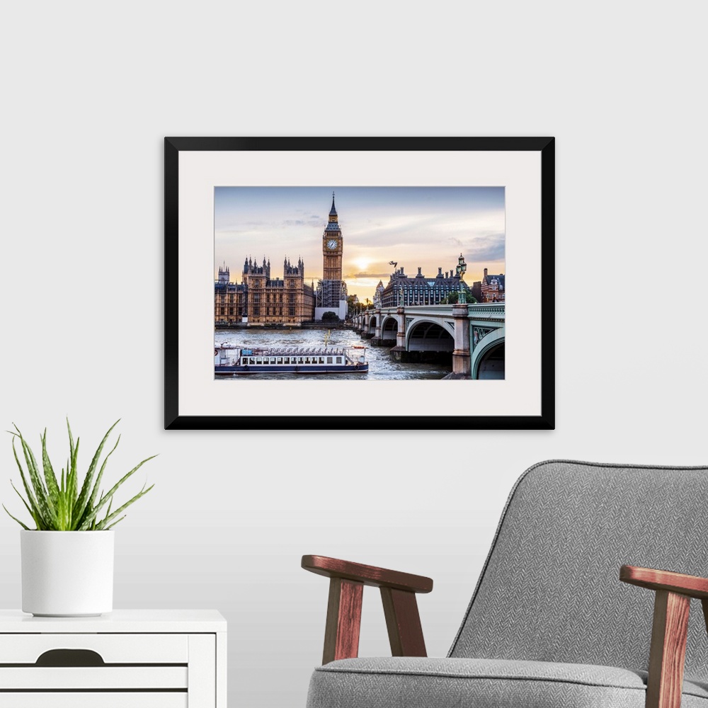 A modern room featuring Photograph of a river boat on the River Thames about to go under the Westminster Bridge with Big ...