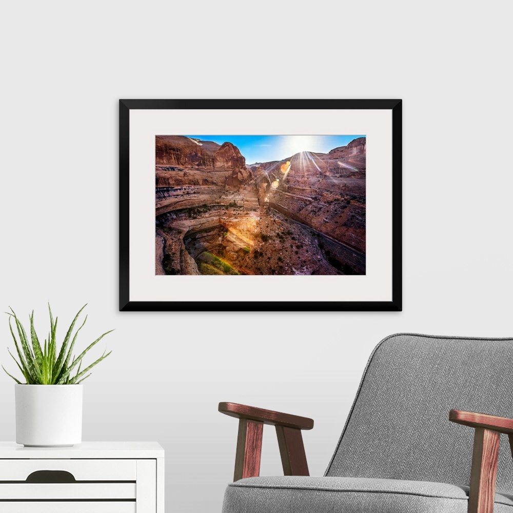 A modern room featuring The sun shining on Shafer Canyon, Canyonlands National Park, Utah