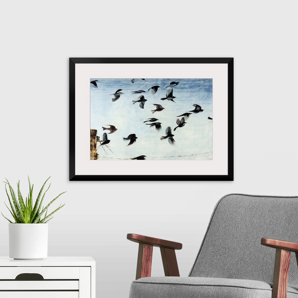 A modern room featuring Contemporary artwork of a flock of sparros in flight above a power line in front of a light blue ...