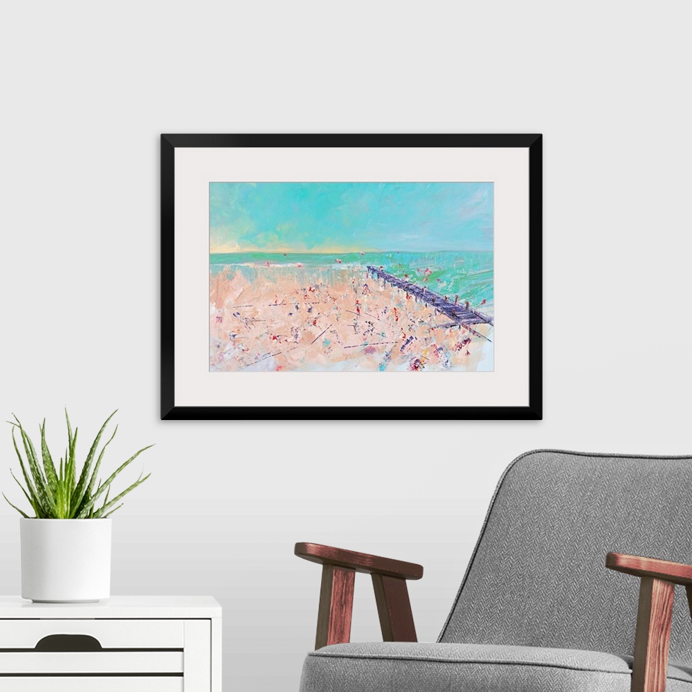 A modern room featuring Contemporary artwork of a beach scene with a pier stretching into the ocean.