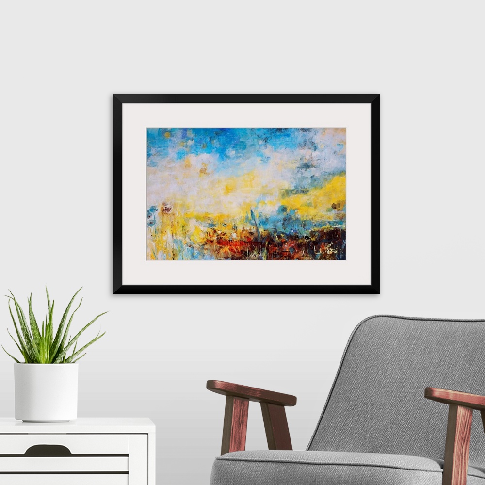 A modern room featuring Abstract landscape painting in lemon yellow and bright blue.