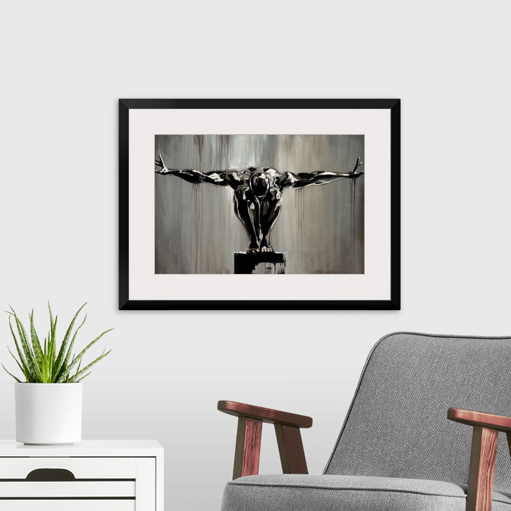 A modern room featuring Oversized, landscape, figurative art of a muscular man, squatting down with his head between his ...