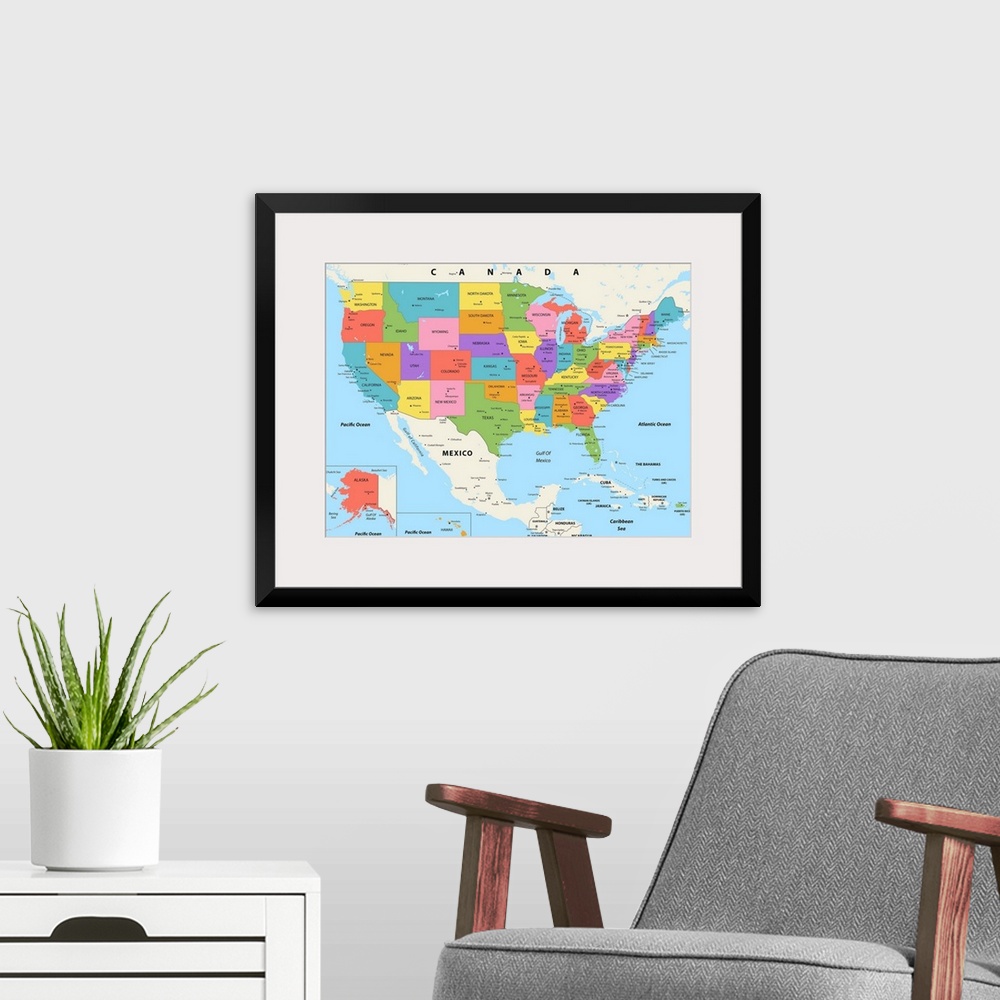 A modern room featuring Large color map of the United States of America with a modern font.