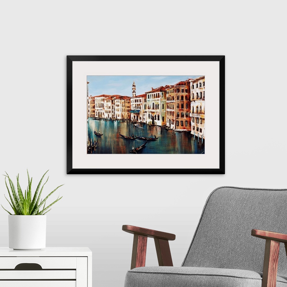 A modern room featuring Contemporary painting of gondolas on the Grand Canal in Venice, Italy.