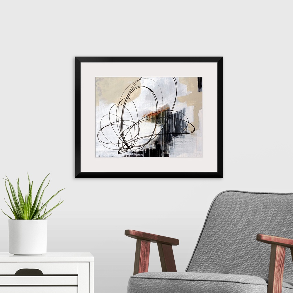 A modern room featuring Horizontal abstract art work of layered paint textures with rapid, circular shapes drawn in this ...