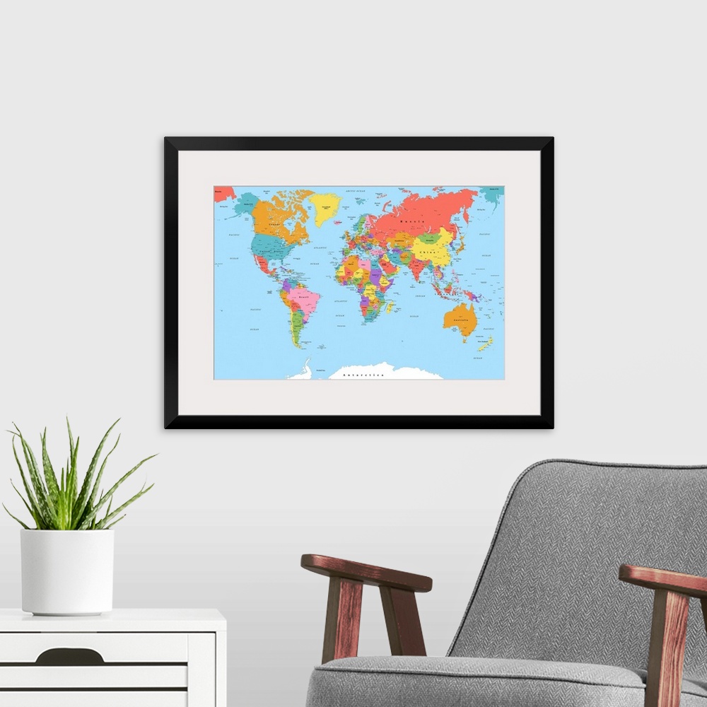 A modern room featuring Large color map of the World with a classic font.
