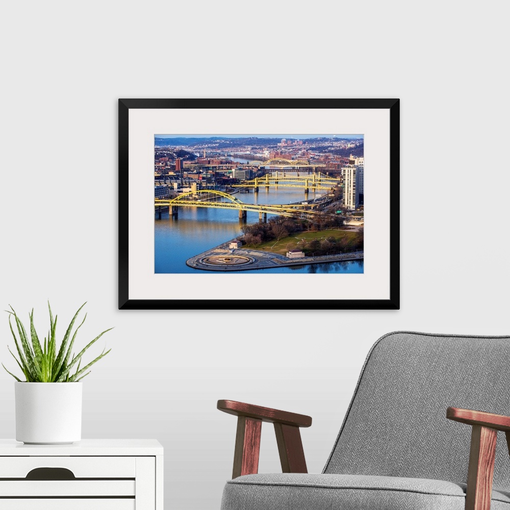 A modern room featuring Photo of Fort Duquesne Bridge, Three Sisters Bridges, and David Mccullough Bridge with Point Stat...