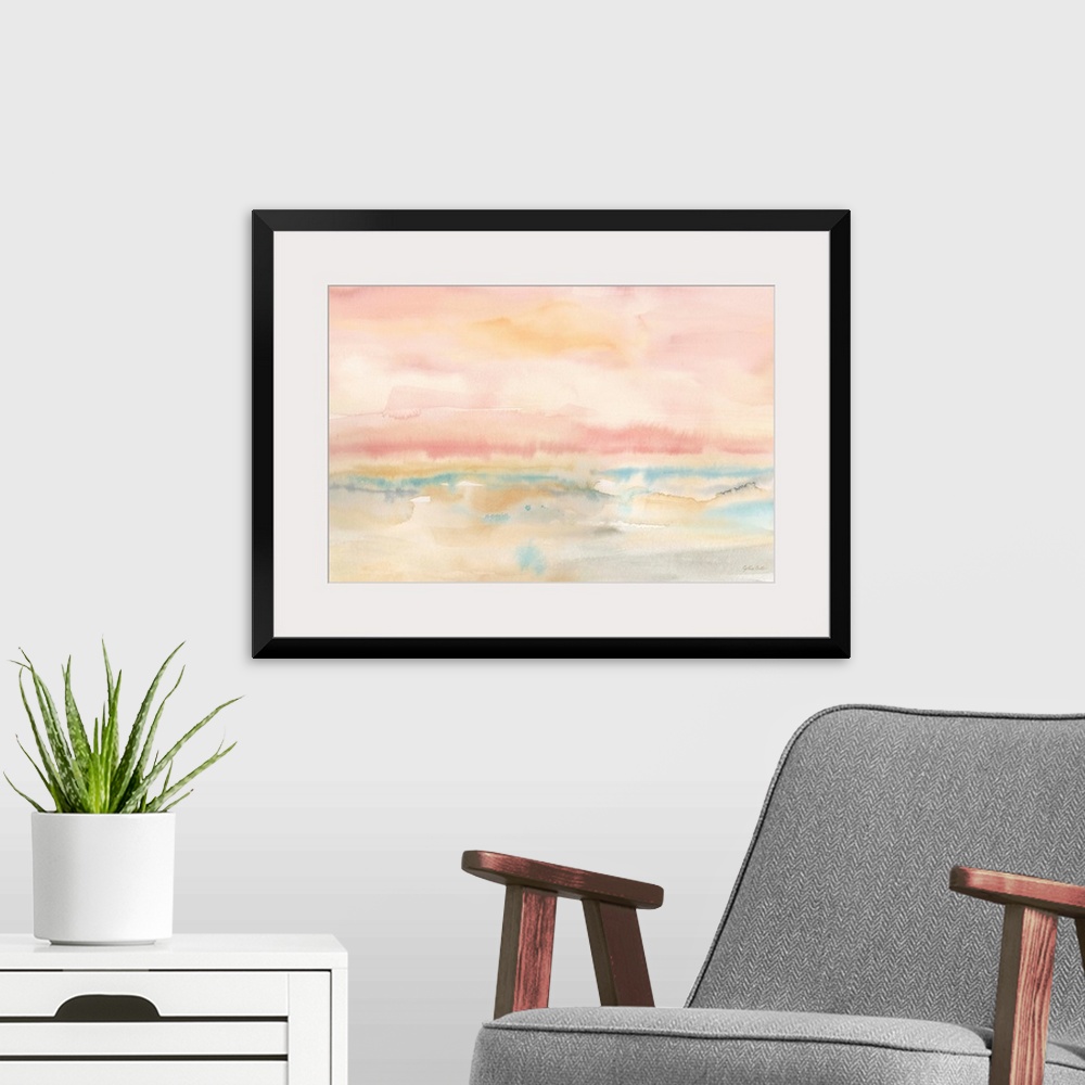 A modern room featuring Square abstract watercolor painting in blurred brush strokes of muted tones of pink, blue and green.