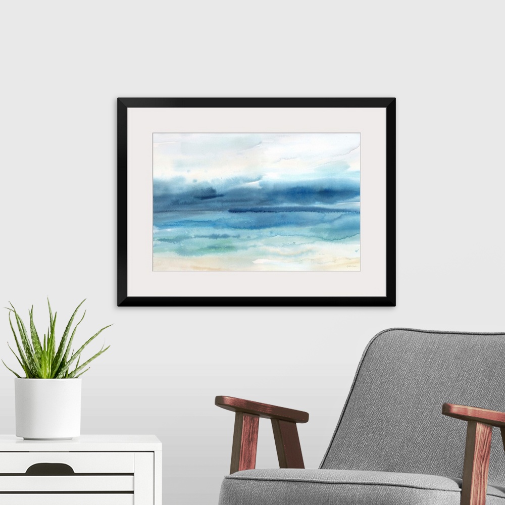A modern room featuring A watercolor painting of an abstract seascape in muted tones of blue.