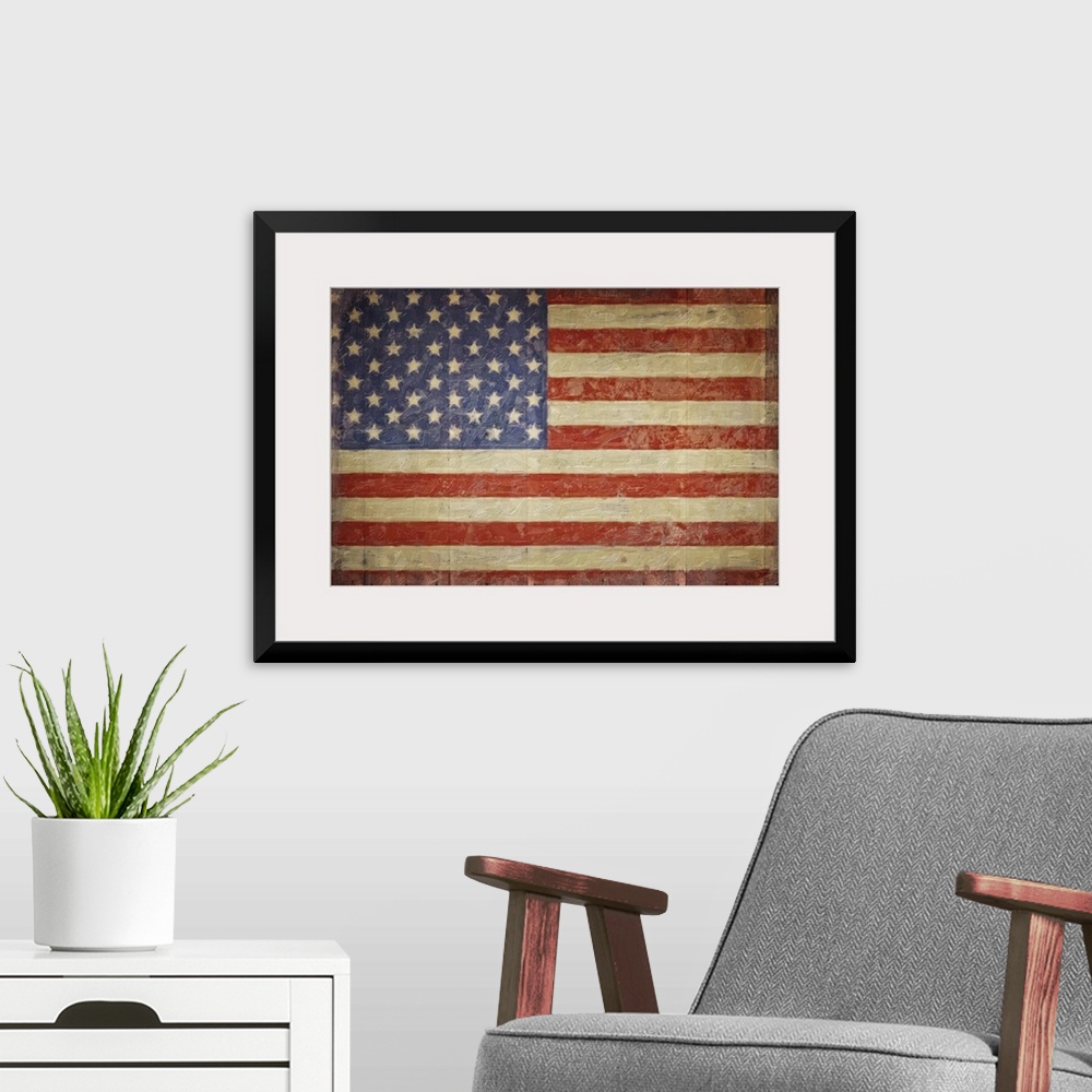 A modern room featuring The American flag with a distress appearance on wood planks.