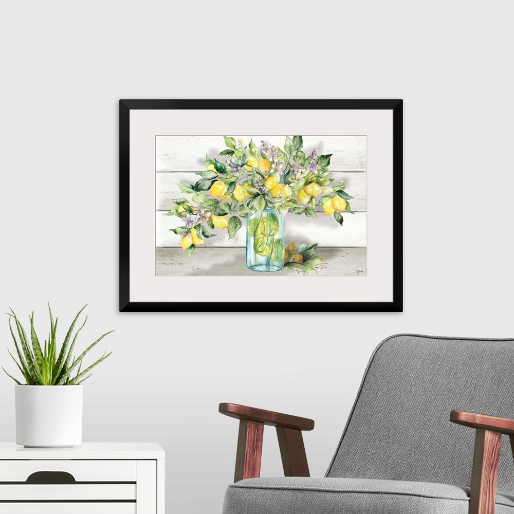 A modern room featuring A rustic, country style image of a branch laden with lemons and lemon blossoms, in front of a whi...