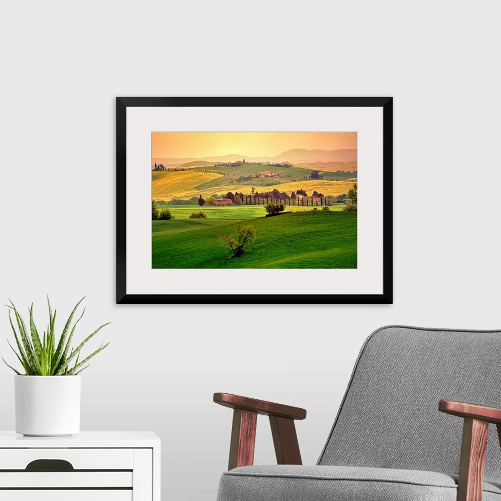 A modern room featuring Photograph of hillsides with mountain silhouettes in the background.  The hills are covered with ...