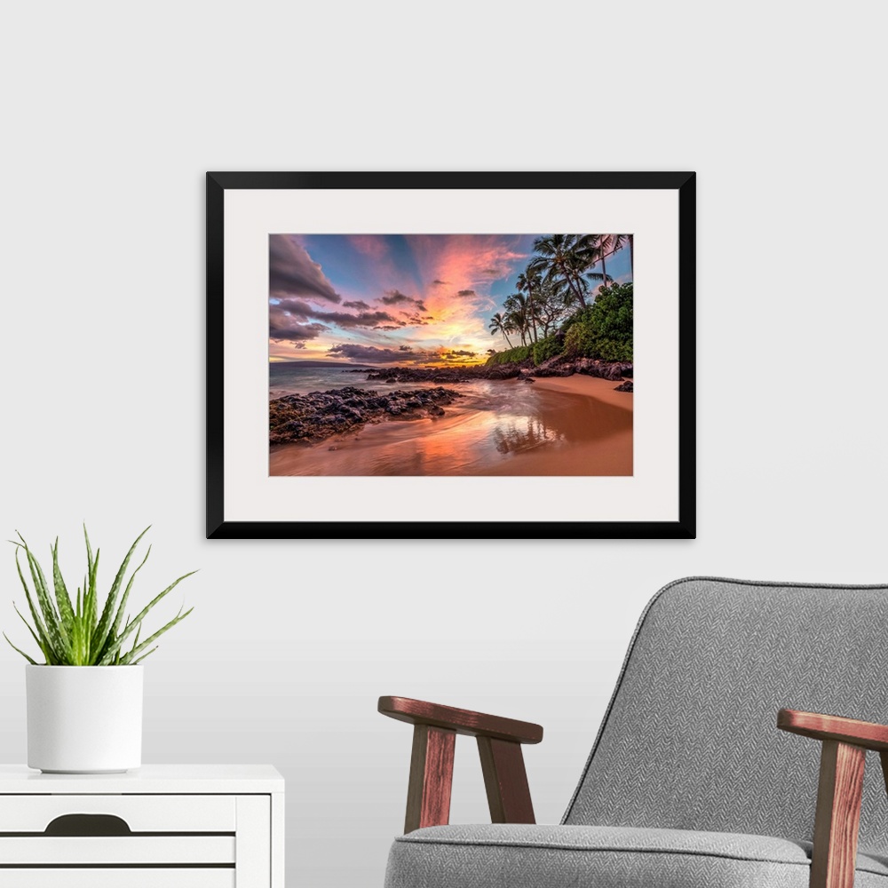 A modern room featuring Colorful sunset from secret cove, Maui, Hawaii.