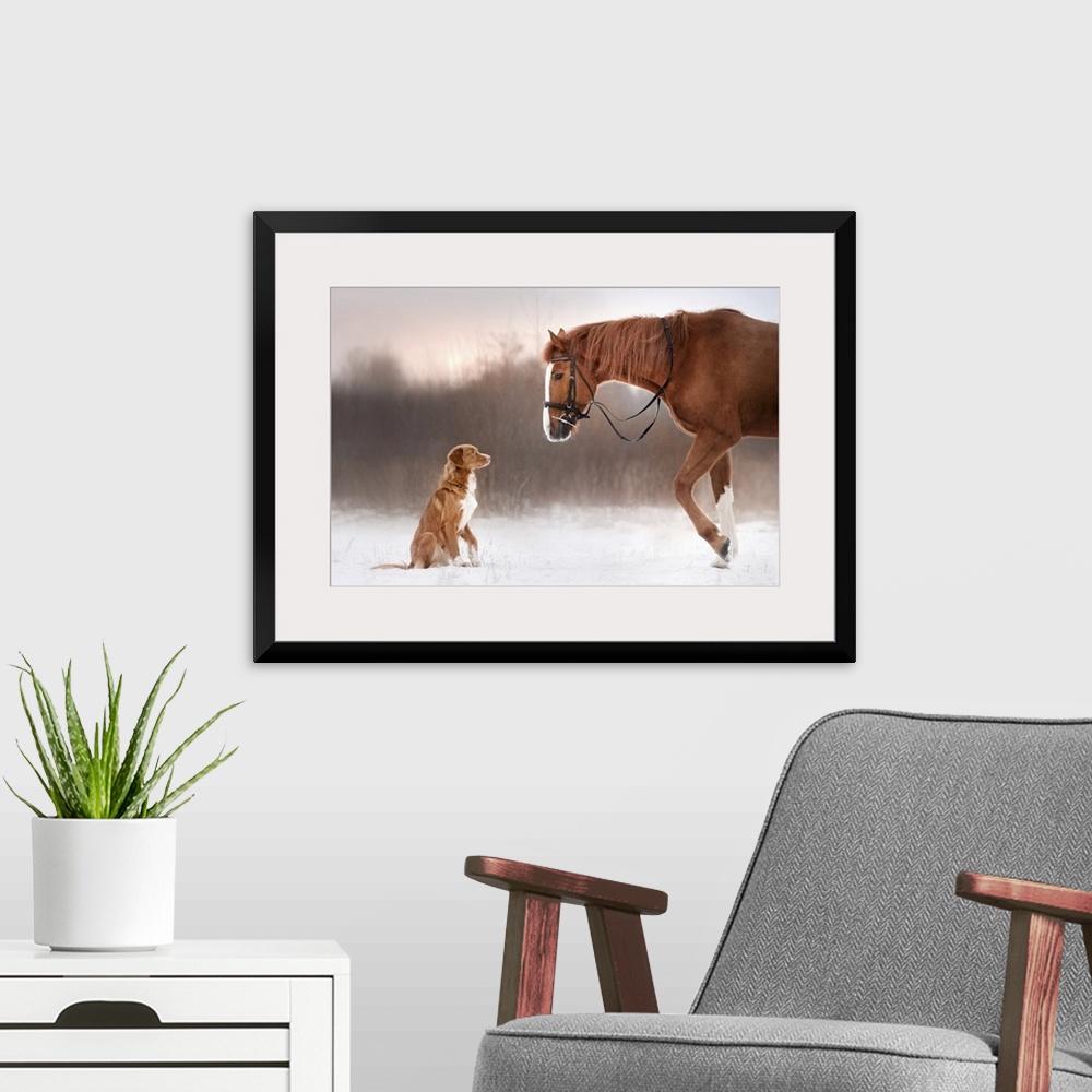 A modern room featuring Red horse and red dog walking in the field in winter.