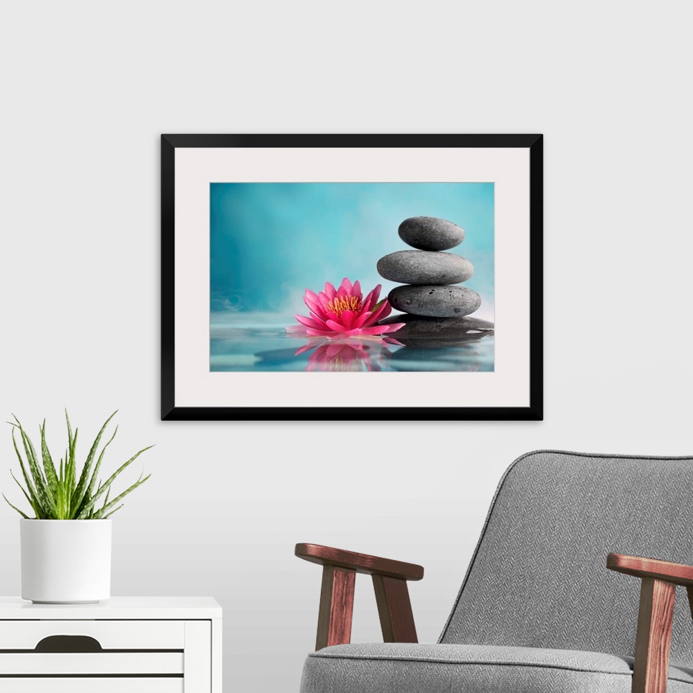 A modern room featuring Spa still life with water lily and zen stone in a serenity pool.