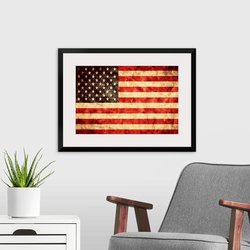 A modern room featuring United States Of America Flag in a grunge style.