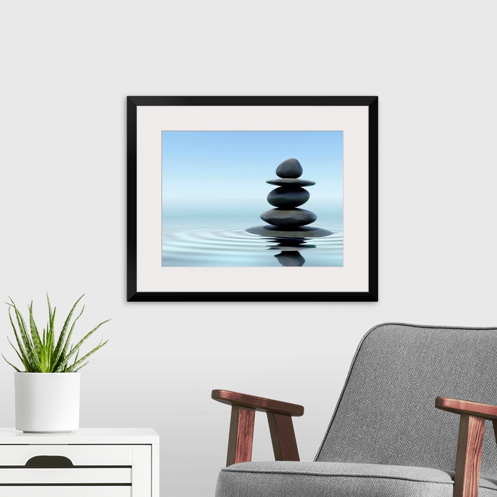 A modern room featuring Zen stones in water