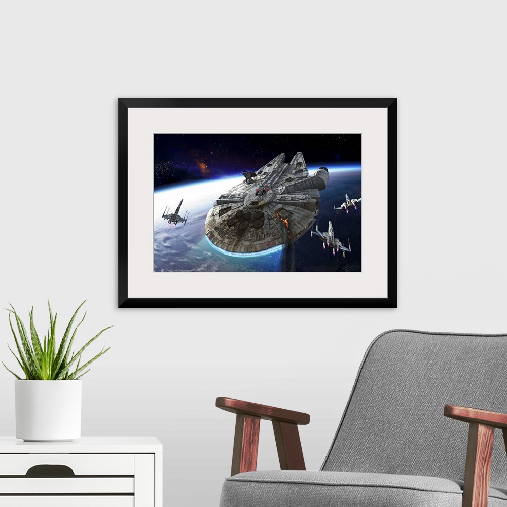 A modern room featuring The Millennium Falcon flying over a planet with three X-Wings.