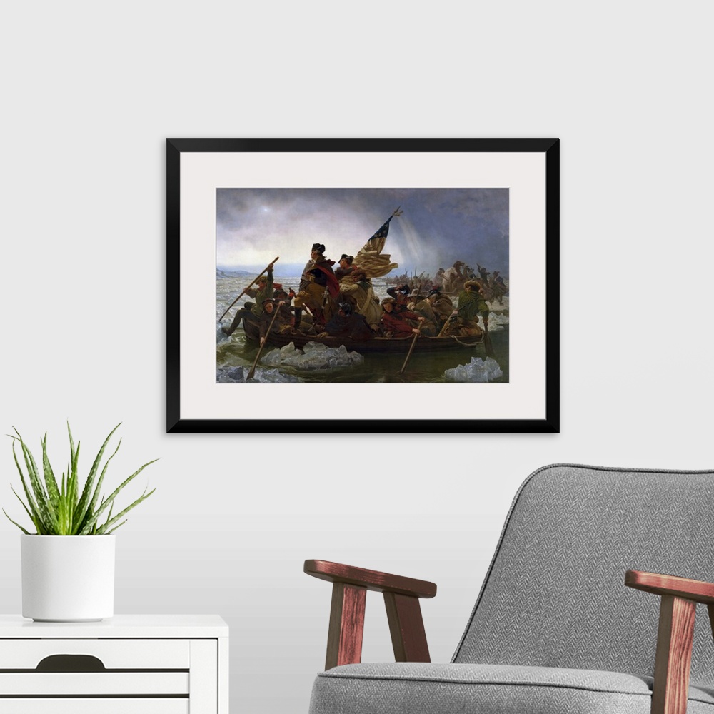 A modern room featuring Painting of George Washington crossing the Delaware.
