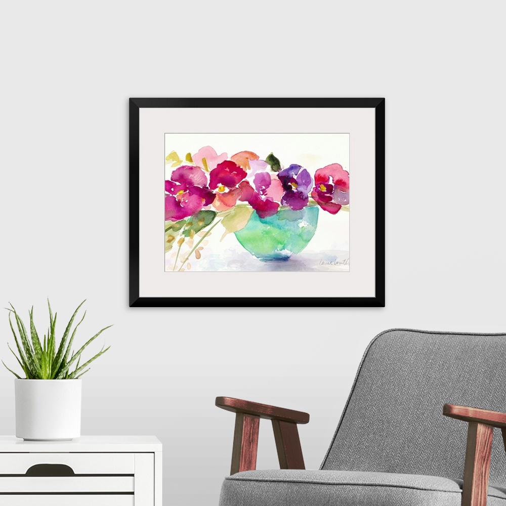 A modern room featuring Watercolor painting of flowers in a blue bowl.