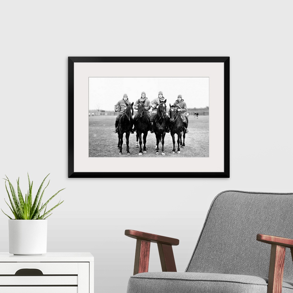 A modern room featuring 'The Four Horsemen,' the Notre Dame backfield of 1924 on horseback. Don Miller, Elmer Layden, Sle...