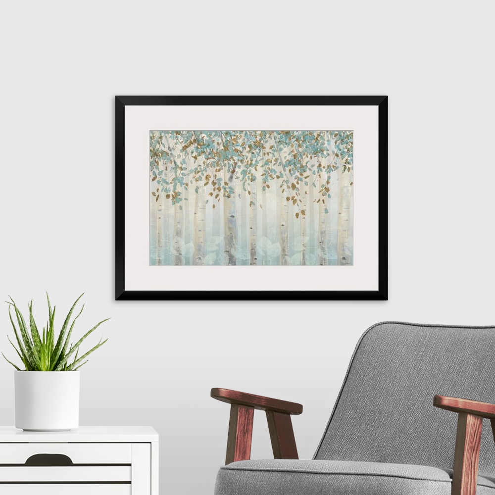 A modern room featuring Translucent trees create a serene illusion within this forest contemporary artwork.