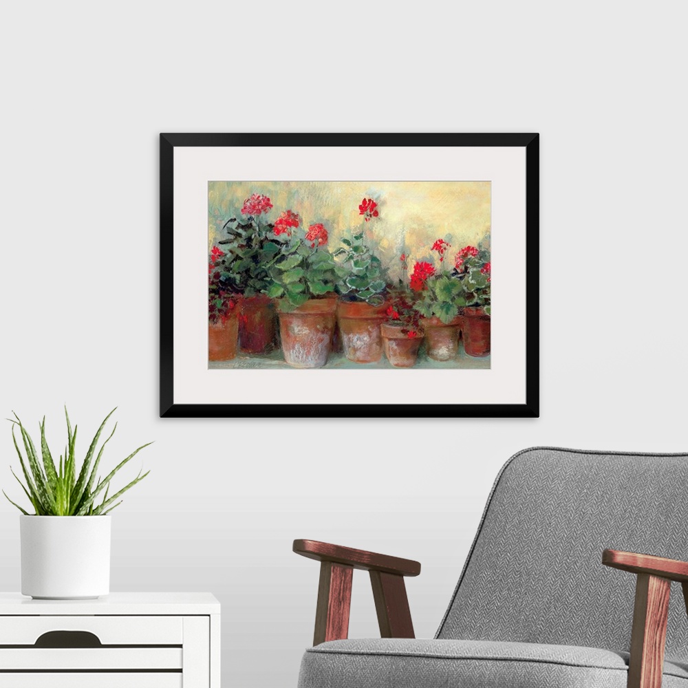 A modern room featuring Painting of a row of flower pots varying in size.  Each flower pot contains bold colored flowers ...