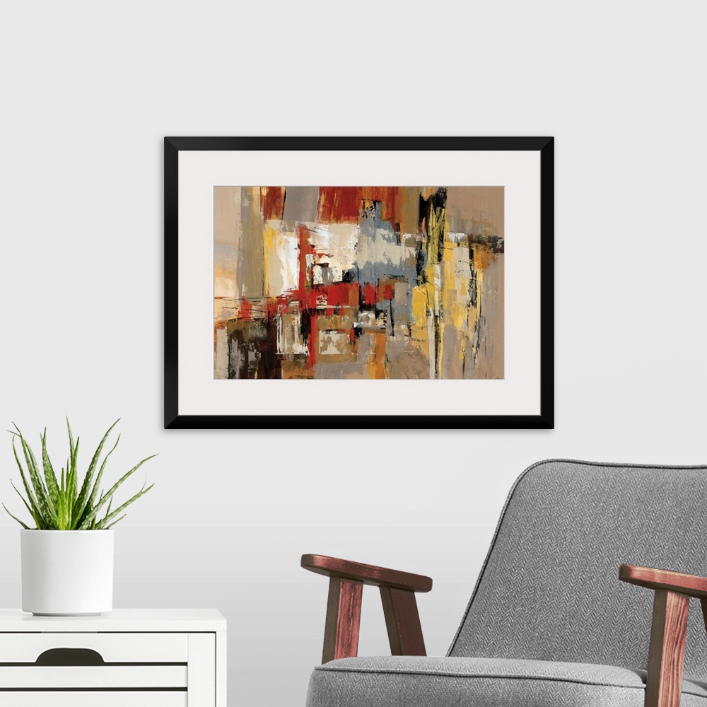 A modern room featuring This abstract wall art has an earth tone color palette and a vertical composition with diagonal m...