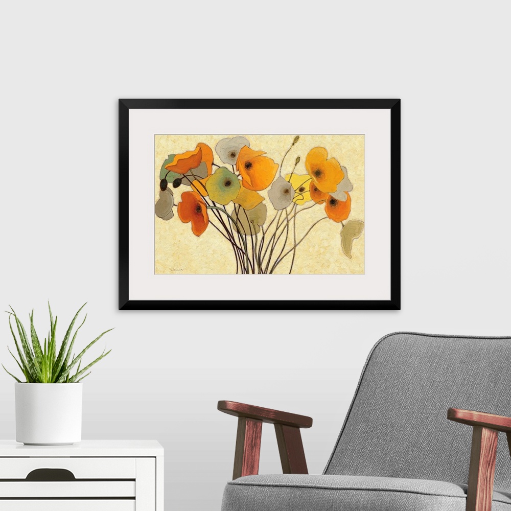 A modern room featuring Horizontal fine art painting of a bouquet of poppies in golden colors, on a lighter, neutral, bru...