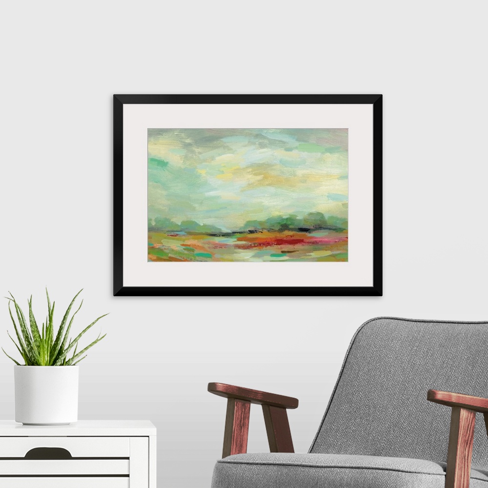 A modern room featuring Colorful abstract landscape resembling a field at sunrise created with small horizontal brushstro...