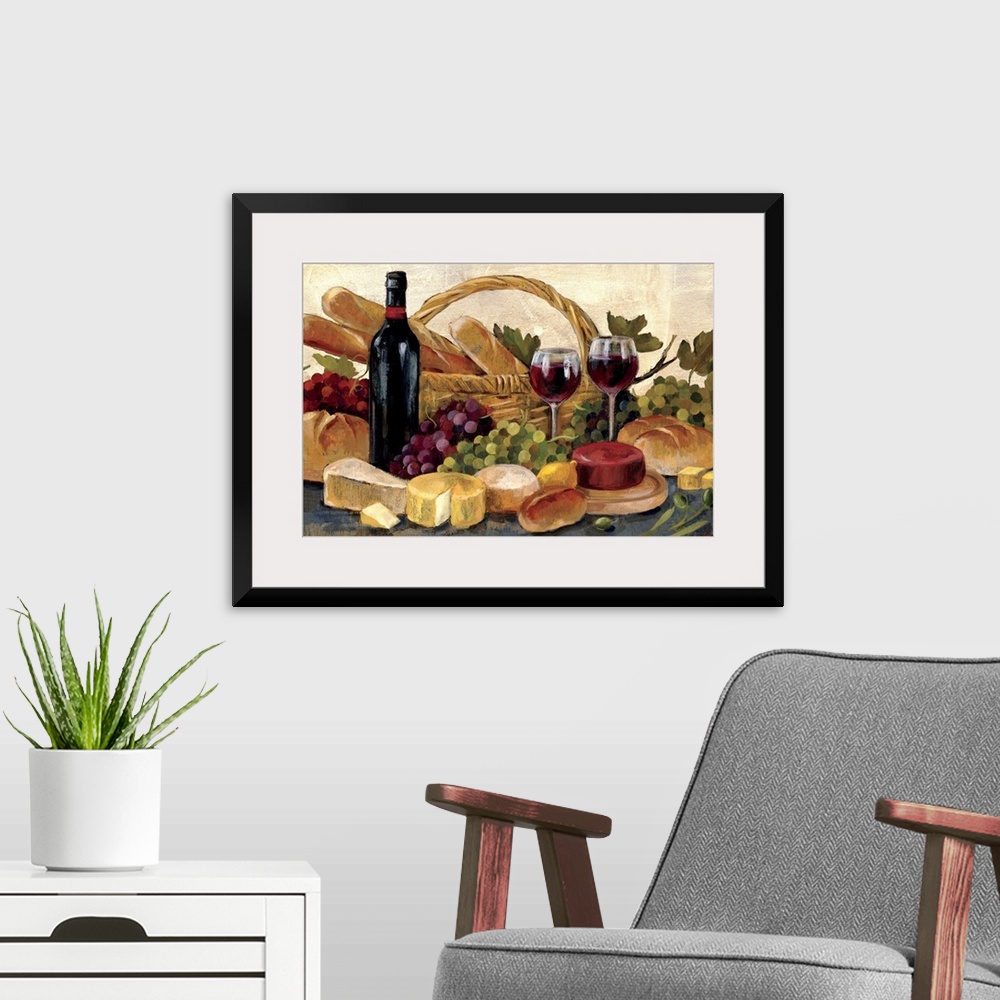 A modern room featuring A transitional style still life of a basket of bread, cheese, wine and bunches of grapes. This me...