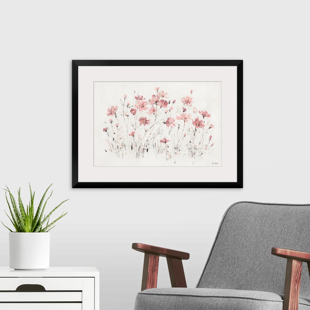 A modern room featuring Contemporary artwork with delicate pink flowers with short black strokes over white textured back...