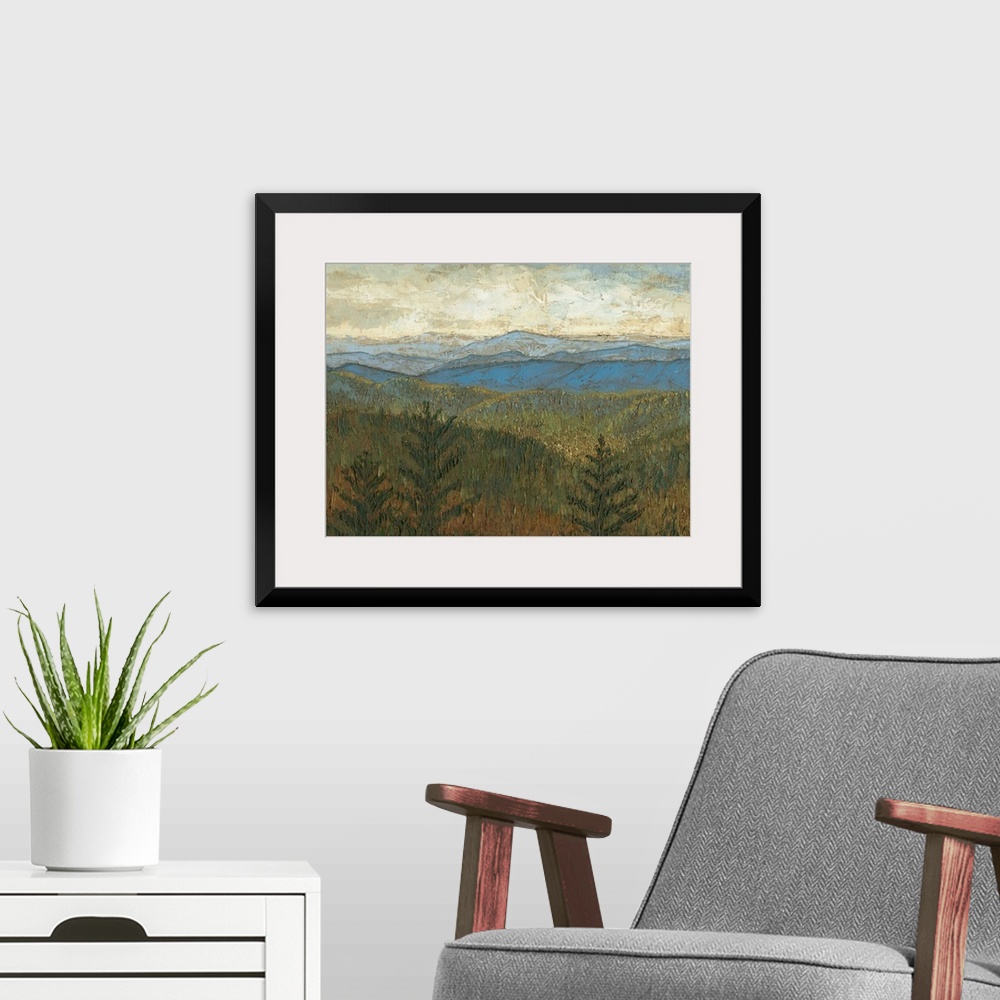 A modern room featuring Contemporary landscape painting of the Blue Ridge mountains.