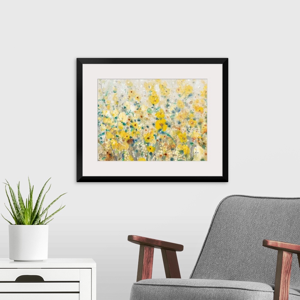 A modern room featuring A contemporary painting displaying flowers and plants that are represented in mostly yellow tones.