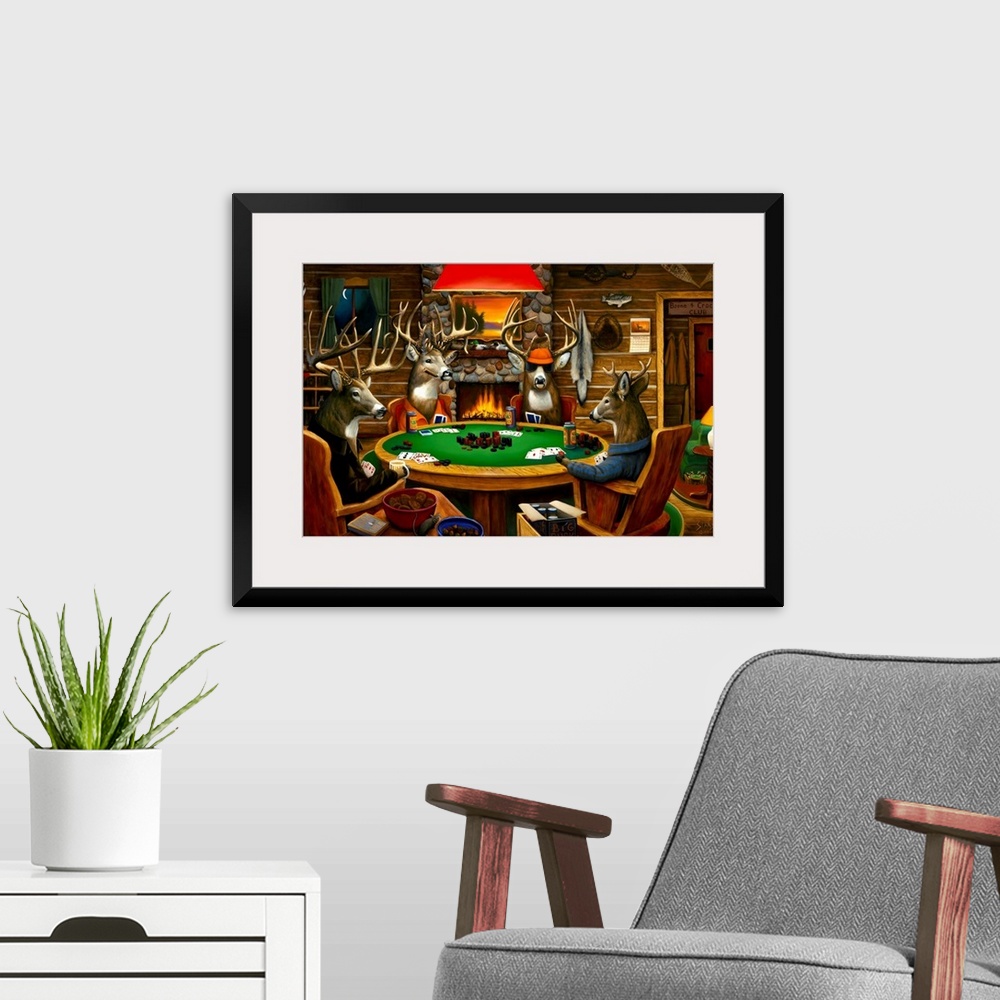 A modern room featuring Big canvas painting of four deer sitting around a circular table playing poker in a wooden cabin.